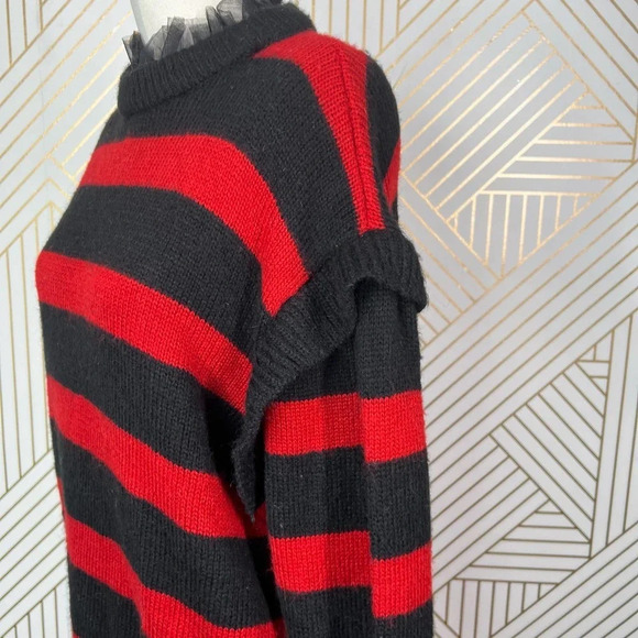 Zara Striped Sweater with Tulle Neck Red Black‎ Size Medium - Picture 6 of 12